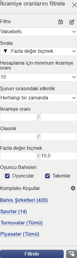 Valuebets filter in mobile version